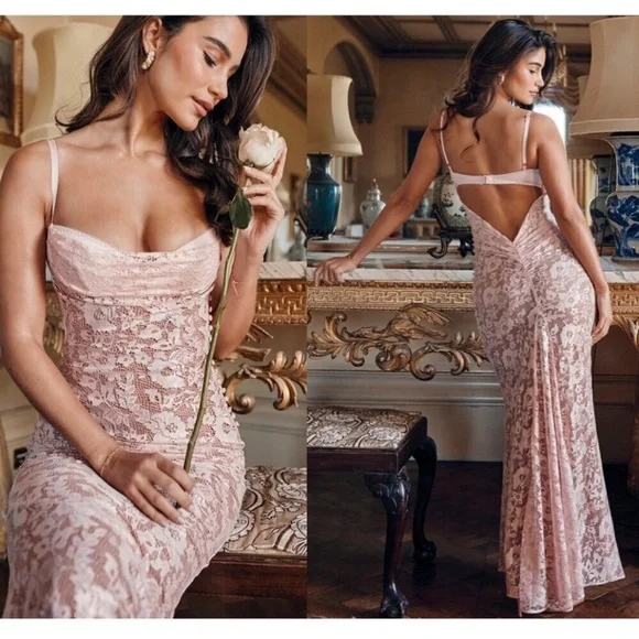 NWOT HOUSE OF CB Azzurra Rose Pink Lace Godet Gown Sz S